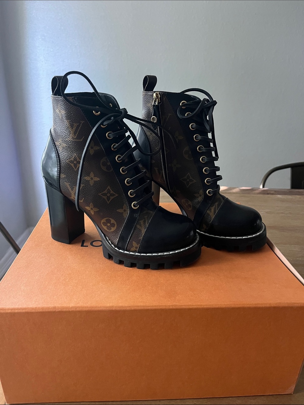 Louis Vuitton Monogram Lace-Up Block Heel Ankle Boots in Brown and Black